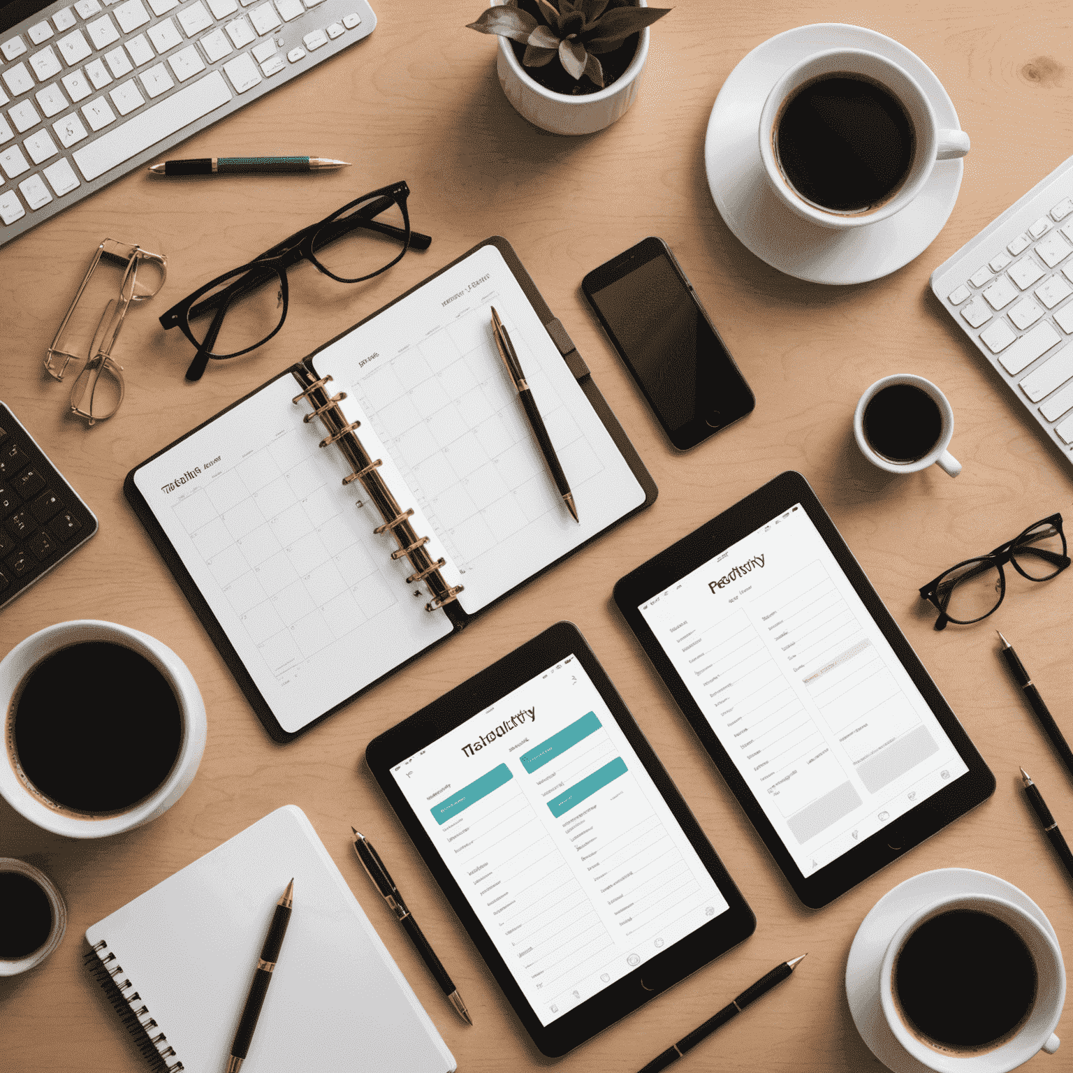 A collection of time management tools including a digital planner, traditional calendar, and productivity apps on various devices